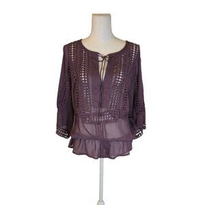 Daniel Rainn Embroidered Top Women Size Small Purple Sheer Bohemian Feminine